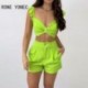 Szín: világoszöld XL - Női alkalmi kis, repülő ujjú Crop top tömör zsebes nyári szexi rövid szettek