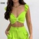 Szín: világoszöld XL - Női alkalmi kis, repülő ujjú Crop top tömör zsebes nyári szexi rövid szettek