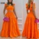 Szín: narancssárga M - Női elegáns, tömör, repülő ujjú Crop Top maxi szoknya elasztikus derékrésben, többszintes
