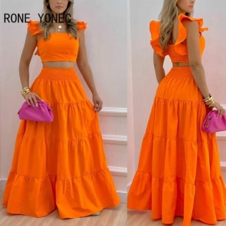 Szín: narancssárga M - Női elegáns, tömör, repülő ujjú Crop Top maxi szoknya elasztikus derékrésben, többszintes