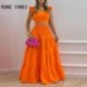 Szín: narancssárga M - Női elegáns, tömör, repülő ujjú Crop Top maxi szoknya elasztikus derékrésben, többszintes