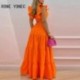 Szín: narancssárga M - Női elegáns, tömör, repülő ujjú Crop Top maxi szoknya elasztikus derékrésben, többszintes