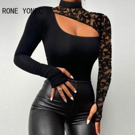 Szín: fekete S - Női elegáns patchwork hollow Out, félig magas nyakú, hosszú ujjú Bodycon szexi fekete blúz felsők
