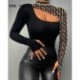 Szín: MULTI S - Női elegáns patchwork hollow Out, félig magas nyakú, hosszú ujjú Bodycon szexi fekete blúz felsők