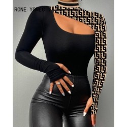 Szín: MULTI S - Női elegáns patchwork hollow Out, félig magas nyakú, hosszú ujjú Bodycon szexi fekete blúz felsők