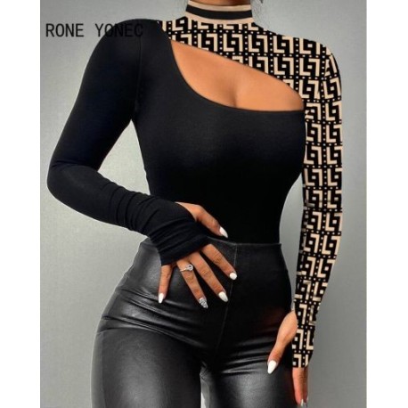 Szín: MULTI S - Női elegáns patchwork hollow Out, félig magas nyakú, hosszú ujjú Bodycon szexi fekete blúz felsők
