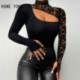 Szín: MULTI S - Női elegáns patchwork hollow Out, félig magas nyakú, hosszú ujjú Bodycon szexi fekete blúz felsők