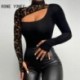 Szín: MULTI S - Női elegáns patchwork hollow Out, félig magas nyakú, hosszú ujjú Bodycon szexi fekete blúz felsők