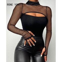 Szín: tiszta S - Női elegáns patchwork hollow Out, félig magas nyakú, hosszú ujjú Bodycon szexi fekete blúz felsők
