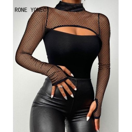 Szín: tiszta S - Női elegáns patchwork hollow Out, félig magas nyakú, hosszú ujjú Bodycon szexi fekete blúz felsők