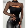 Szín: tiszta S - Női elegáns patchwork hollow Out, félig magas nyakú, hosszú ujjú Bodycon szexi fekete blúz felsők