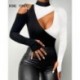 Szín: tiszta S - Női elegáns patchwork hollow Out, félig magas nyakú, hosszú ujjú Bodycon szexi fekete blúz felsők