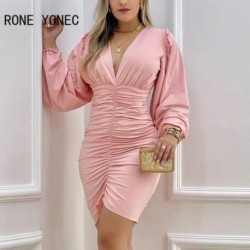 Szín: rózsaszín XL - Női tömör szexi, mély V nyakú, hosszú, lámpás ujjú, ráncolt mini Bodycon szexi partiruhák