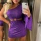 Szín: lila M - Női elegáns flitterek egy váll, hosszú, széles ujjú, középső, szexi mini Bodycon parti lila ruhák