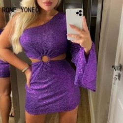 Szín: lila M - Női elegáns flitterek egy váll, hosszú, széles ujjú, középső, szexi mini Bodycon parti lila ruhák