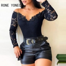 Szín: fekete XL - Elegáns női, tömör, váll nélküli csipke patchwork, hosszú ujjú Bodycon szexi blúz felsők