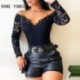 Szín: fekete XL - Elegáns női, tömör, váll nélküli csipke patchwork, hosszú ujjú Bodycon szexi blúz felsők