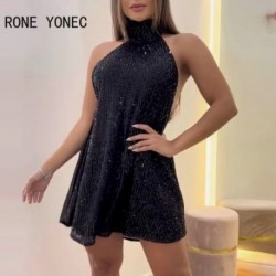 Szín: fekete L - Női elegáns flitterek, kötőfék, ujjatlan szexi fűzős mini A-vonalú Bodycon partiruhák