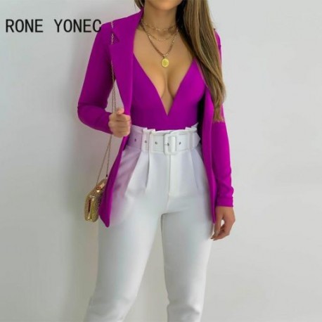 Szín: lila M - Női Solid Sexy Deep V - nyakú Crop Cardigan hosszú ujjú Bodycon lila blézer szettek