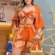 Szín: narancsvörös XL - Női Outfit 2023 Y2K Tropical Print felső és rövidnadrág szett megkötött részletekkel Bralette