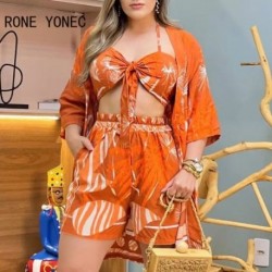 Szín: narancsvörös XL - Női Outfit 2023 Y2K Tropical Print felső és rövidnadrág szett megkötött részletekkel Bralette