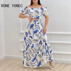 Szín: MULTI XL - Női Alkalmi Slash gallér rövid ujjú Crop felsők Allover Print Rugalmas derék Maxi nyaralószoknya