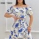 Szín: MULTI XL - Női Alkalmi Slash gallér rövid ujjú Crop felsők Allover Print Rugalmas derék Maxi nyaralószoknya