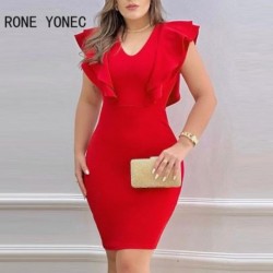 Szín: piros L - Női elegáns, tömör V-nyakú, többszintes Bodycon mini hivatalos party piros ruha