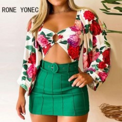 Szín: MULTI L - Női Elegáns, hosszú lámpás ujjú virágmintás Crop Top tömör, világos vonalas dekoráció, alsó