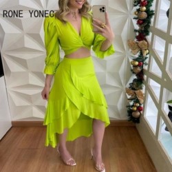 Szín: zöld S - Női tömör, elegáns háromnegyedes lámpás ujjak, lépcsőzetes fodrok, Criss Cross Crop felső maxi