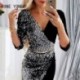 Szín: fekete S - Női elegáns flitterek Patchwork, mély V nyakú, szexi láncpántok, háromnegyedes ujjú, mini Bodycon