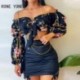Szín: MULTI M - Női elegáns, ferde gallérú lámpás ujjak mindenhol Nyomtatott Crop Top & tömör mintás ráncos Bodycon