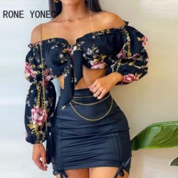 Szín: MULTI M - Női elegáns, ferde gallérú lámpás ujjak mindenhol Nyomtatott Crop Top & tömör mintás ráncos Bodycon