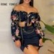 Szín: MULTI M - Női elegáns, ferde gallérú lámpás ujjak mindenhol Nyomtatott Crop Top & tömör mintás ráncos Bodycon
