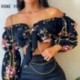 Szín: MULTI M - Női elegáns, ferde gallérú lámpás ujjak mindenhol Nyomtatott Crop Top & tömör mintás ráncos Bodycon