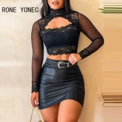 Szín: fekete M - Női elegáns, hosszú ujjú rövid csipke felsők pu bőr alsó övgombbal Bodycon mini szexi szoknya szettek