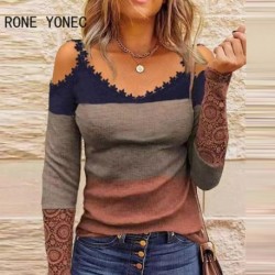 Szín: MULTI XL - Elegáns, divatos női hosszú ujjú, váll nélküli csipke patchwork csíkos alap blúz felsők