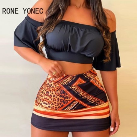 Szín: MULTI M - Női Elegáns, tömör Crop felső és mindenhol nyomott alsó rövid ujjú Bodycon szexi partiszoknya szettek