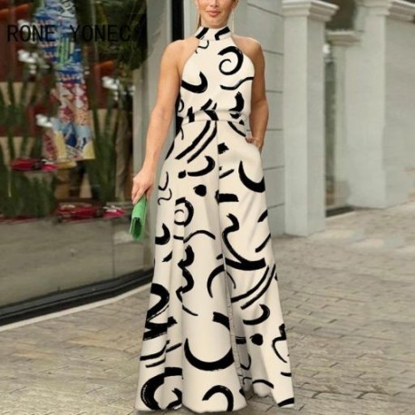 Szín: MULTI S - Női Elegáns Allover Print Halter Sexy Tank Pocket Working Jumpsuit