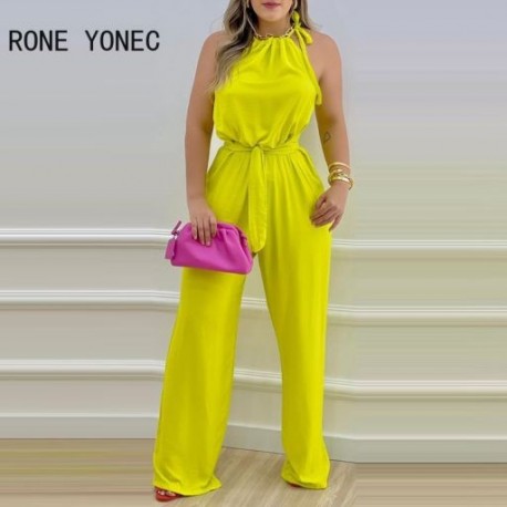 Szín: Fluoreszkáló zöld S - Női tömör, elegáns szexi kötőfék, fűzős övvel. Szexi egyenes lábú jumpsuit