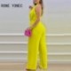 Szín: Fluoreszkáló zöld S - Női tömör, elegáns szexi kötőfék, fűzős övvel. Szexi egyenes lábú jumpsuit