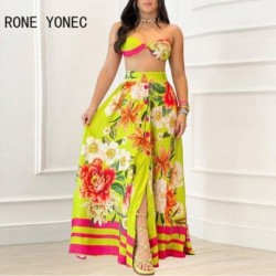 Szín: MULTI M - Női alkalmi virágmintás vállnélküli melltartók Crop Tops Gombos Maxi nyaralás strandszoknya szettek