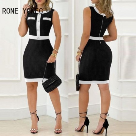 Szín: fekete L - Női alkalmi tank, kerek nyakú Patchwork ujjatlan cipzáras mini Bodycon szexi kötőruha