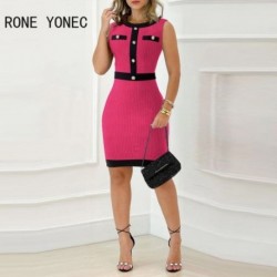 Szín: Rose Red L - Női alkalmi tank, kerek nyakú Patchwork ujjatlan cipzáras mini Bodycon szexi kötőruha