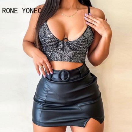 Szín: fekete L - Női szexi elegáns flitterek Cami ujjatlan pu bőr alsó övvel Summer Bodycon mini szexi szoknya szettek