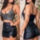 Szín: fekete L - Női szexi elegáns flitterek Cami ujjatlan pu bőr alsó övvel Summer Bodycon mini szexi szoknya szettek