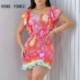 Szín: MULTI M - Női Elegáns Allover Print A Line V nyakú, rövid fodros ujjú, redőzött fodros szegélyű mini Bodycon