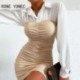 Szín: MULTI XL - Női alkalmi Elegáns Patchwork Hosszú lámpás ujjak Összehajtható Bodycon ruha Mini munkaruha
