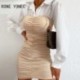 Szín: MULTI XL - Női alkalmi Elegáns Patchwork Hosszú lámpás ujjak Összehajtható Bodycon ruha Mini munkaruha