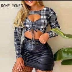 Szín: MULTI XL - Női szexi, elegáns, kockás mintás felsők üreges Pu bőr alsó láncdísz övvel nyári Bodycon mini